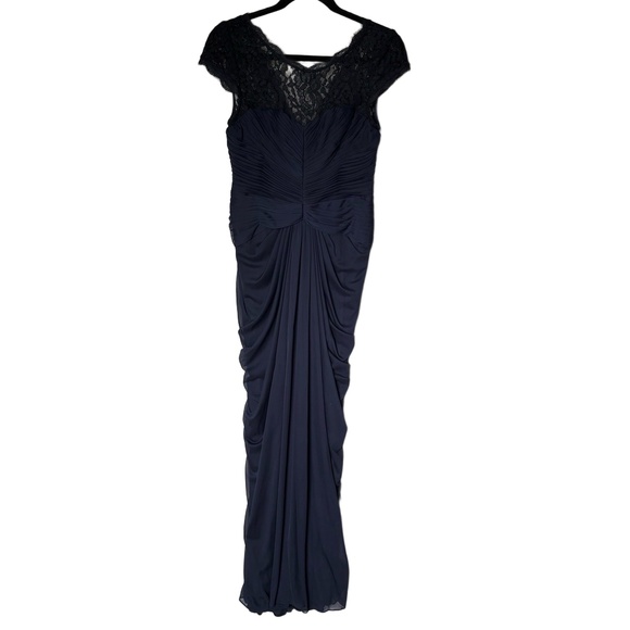 ADRIANNA PAPELL Gown Womens Size 8 Dark Blue Ruched Lace Cap Sleeve Formal - Picture 1 of 8